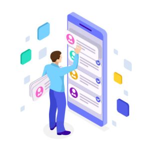 Isometric ux app development and holding smartphone. User experience. Website design and development